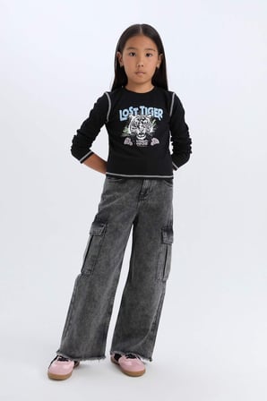 DeFacto Cropped Fit Bisiklet Yaka Baskılı Fitilli Kaşkorse Uzun Kollu Tişört Kız Çocuk D3430A824WNBK81