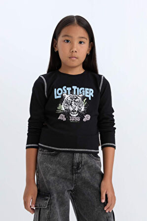 DeFacto Kız Çocuk Cropped Fit Bisiklet Yaka Baskılı Fitilli Kaşkorse Uzun Kollu Tişört D3430A824WNBK81