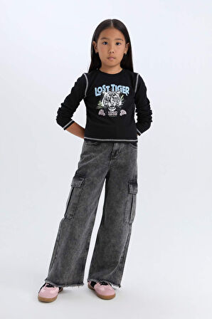 DeFacto Kız Çocuk Cropped Fit Bisiklet Yaka Baskılı Fitilli Kaşkorse Uzun Kollu Tişört D3430A824WNBK81