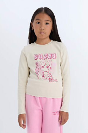 DeFacto Kız Çocuk Cropped Fit Bisiklet Yaka Baskılı Fitilli Kaşkorse Uzun Kollu Tişört D3430A824WNBG734