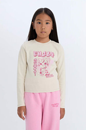 DeFacto Kız Çocuk Cropped Fit Bisiklet Yaka Baskılı Fitilli Kaşkorse Uzun Kollu Tişört D3430A824WNBG734