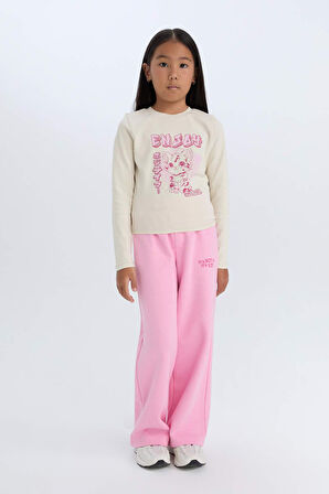 DeFacto Kız Çocuk Cropped Fit Bisiklet Yaka Baskılı Fitilli Kaşkorse Uzun Kollu Tişört D3430A824WNBG734