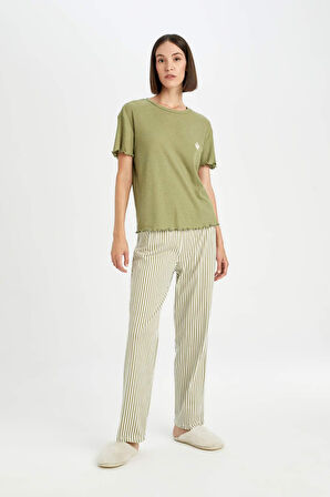 DeFacto Fall in Love Ribana Pijama Takımı Bisiklet Yaka Baskılı Kısa Kollu Üst Çizgili Alt   D5664AX24AUKH461