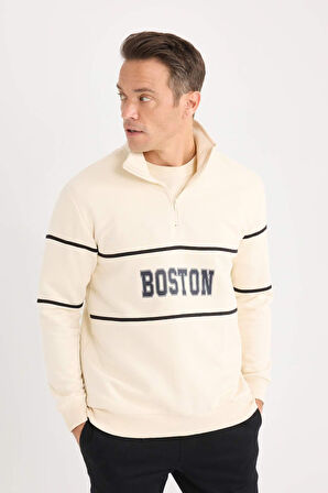 Relax Fit Dik Yaka Fermuarlı Baskılı Kalın Sweatshirt