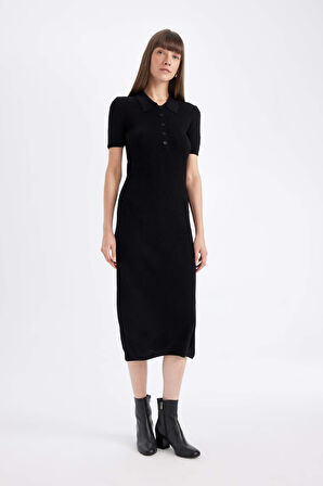 DeFacto Bodycon Vücuda Oturan Basic Düz Düğmeli Polo Yaka Fitilli Kaşkorse Yarım Kollu Midi Siyah Elbise C2882AX24AUBK81