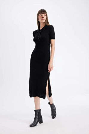 DeFacto Bodycon Vücuda Oturan Basic Düz Düğmeli Polo Yaka Fitilli Kaşkorse Yarım Kollu Midi Siyah Elbise C2882AX24AUBK81