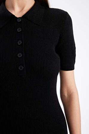 DeFacto Bodycon Vücuda Oturan Basic Düz Düğmeli Polo Yaka Fitilli Kaşkorse Yarım Kollu Midi Siyah Elbise C2882AX24AUBK81