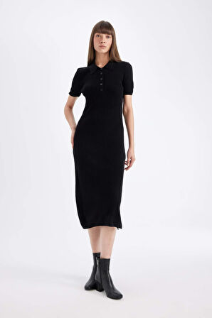 DeFacto Bodycon Vücuda Oturan Basic Düz Düğmeli Polo Yaka Fitilli Kaşkorse Yarım Kollu Midi Siyah Elbise C2882AX24AUBK81