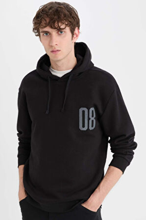 Relax Fit Kapüşonlu Baskılı Kalın Sweatshirt