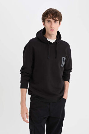 Relax Fit Kapüşonlu Baskılı Kalın Sweatshirt
