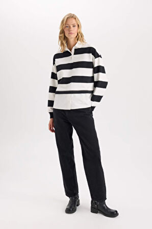 DeFacto Relax Fit Polo Yaka Çizgili Kalın Sweatshirt D5944AX24AUBK81