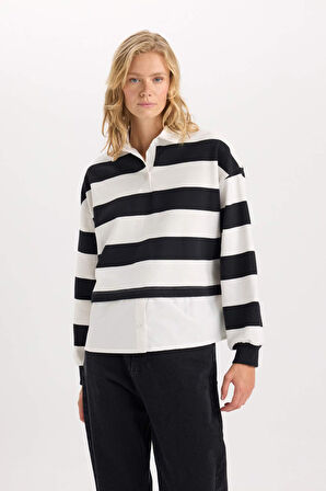 DeFacto Relax Fit Polo Yaka Çizgili Kalın Sweatshirt D5944AX24AUBK81
