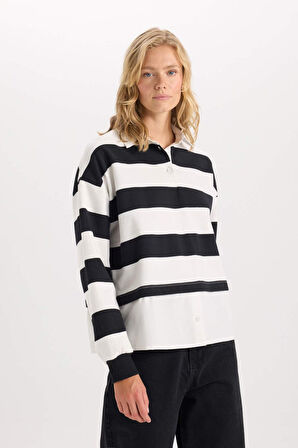 DeFacto Relax Fit Polo Yaka Çizgili Kalın Sweatshirt D5944AX24AUBK81