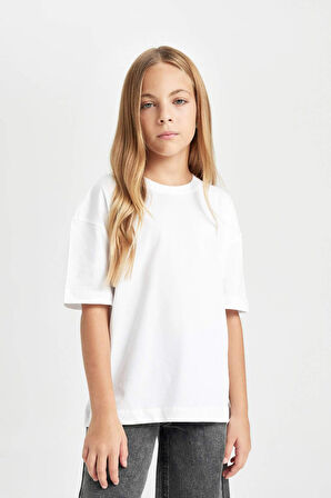 DeFacto Kız Çocuk Oversize Geniş Kalıp Bisiklet Yaka Basic Düz Kısa Kollu Tişört D3345A824AUWT36