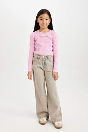DeFacto Kız Çocuk Slim Fit Dar Kesim Bisiklet Yaka Fitilli Kaşkorse Uzun Kollu Tişört D0705A824AUPN444