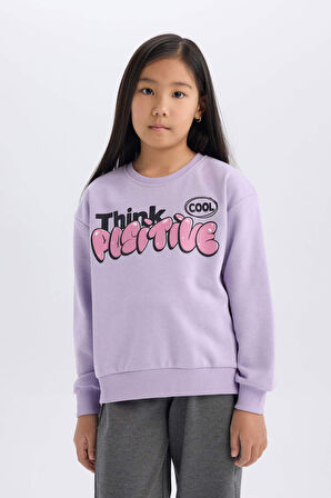 DeFacto Kız Çocuk Relax Fit Bisiklet Yaka Baskılı İçi Yumuşak Tüylü Sweatshirt D1552A824WNPR251