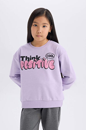 DeFacto Kız Çocuk Relax Fit Bisiklet Yaka Baskılı İçi Yumuşak Tüylü Sweatshirt D1552A824WNPR251