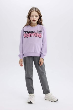 DeFacto Kız Çocuk Relax Fit Bisiklet Yaka Baskılı İçi Yumuşak Tüylü Sweatshirt D1552A824WNPR251