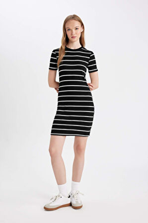 Coool Bodycon Vücudu Saran Bisiklet Yaka Çizgili Fitilli Kaşkorse Kısa Kollu Mini Elbise