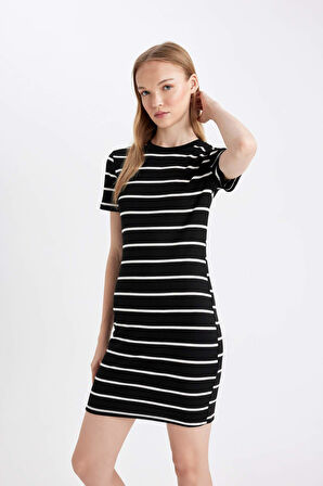 Coool Bodycon Vücudu Saran Bisiklet Yaka Çizgili Fitilli Kaşkorse Kısa Kollu Mini Elbise