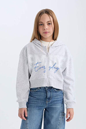 DeFacto Kız Çocuk Baskılı Kapüşonlu İçi Yumuşak Tüylü Fermuarlı Sweatshirt D1569A824WNGR421