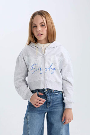 DeFacto Kız Çocuk Baskılı Kapüşonlu İçi Yumuşak Tüylü Fermuarlı Sweatshirt D1569A824WNGR421