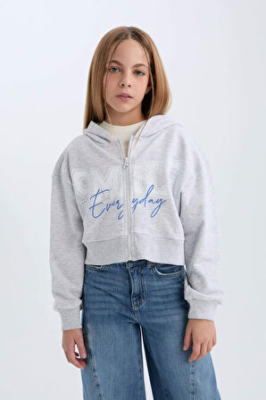 DeFacto Kız Çocuk Baskılı Kapüşonlu İçi Yumuşak Tüylü Fermuarlı Sweatshirt D1569A824WNGR421