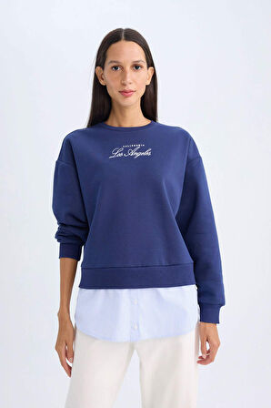 DeFacto Bisiklet Yaka Baskılı Etek Ucu Detaylı Kalın Sweatshirt D5931AX24AUNV42