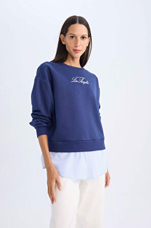 DeFacto Bisiklet Yaka Baskılı Etek Ucu Detaylı Kalın Sweatshirt D5931AX24AUNV42