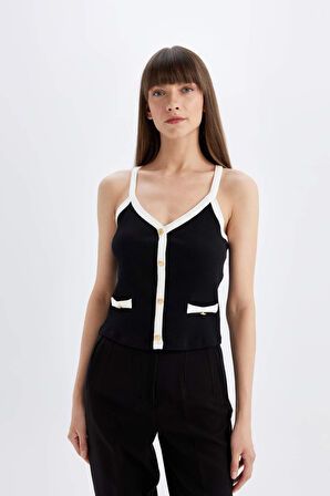 DeFacto Slim Fit Dar Kesim V Yaka Fitilli Kaşkorse Atlet D5404AX24SMBK81