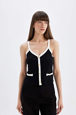 DeFacto Slim Fit Dar Kesim V Yaka Fitilli Kaşkorse Atlet D5404AX24SMBK81