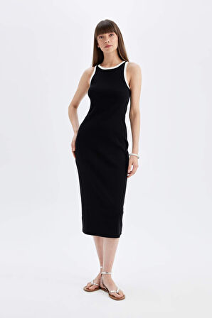 DeFacto Bodycon Vücudu Saran Basic Düz Fitilli Kaşkorse Kolsuz Midi Elbise D5302AX24HSBK81