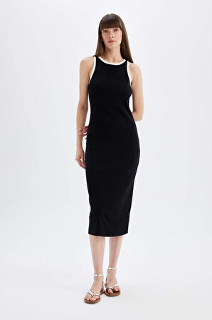 DeFacto Bodycon Vücudu Saran Basic Düz Fitilli Kaşkorse Kolsuz Midi Elbise D5302AX24HSBK81