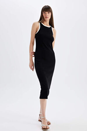 DeFacto Bodycon Vücudu Saran Basic Düz Fitilli Kaşkorse Kolsuz Midi Elbise D5302AX24HSBK81