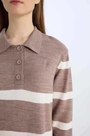 Regular Fit Polo Yaka Düğmeli Çizgili Uzun Kollu Maxi Elbise