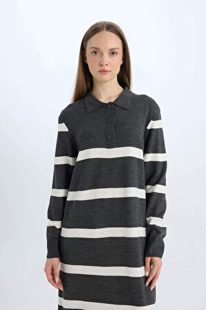 Regular Fit Polo Yaka Düğmeli Çizgili Uzun Kollu Maxi Elbise
