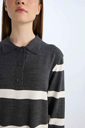 Regular Fit Polo Yaka Düğmeli Çizgili Uzun Kollu Maxi Elbise
