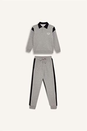 DeFacto Erkek Çocuk 2'li Takım Polo Yaka Baskılı Sweatshirt Beli Paçası Lastikli Eşofman Altı D3558A824WNGR210