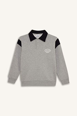 DeFacto Erkek Çocuk 2'li Takım Polo Yaka Baskılı Sweatshirt Beli Paçası Lastikli Eşofman Altı D3558A824WNGR210
