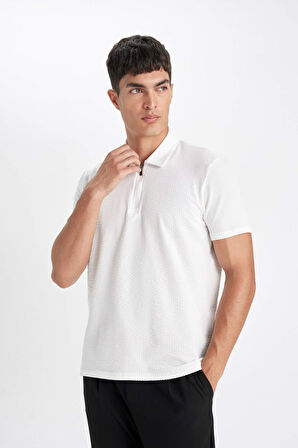 DeFacto Slim Fit Dar Kesim Yarım Fermuarlı Kısa Kollu Krinkıl Beyaz Polo Tişört D6478AX24HSWT34