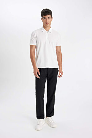 DeFacto Slim Fit Dar Kesim Yarım Fermuarlı Kısa Kollu Krinkıl Beyaz Polo Tişört D6478AX24HSWT34