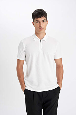 DeFacto Slim Fit Dar Kesim Yarım Fermuarlı Kısa Kollu Krinkıl Beyaz Polo Tişört D6478AX24HSWT34