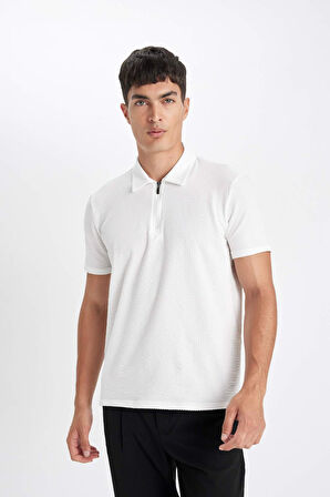 DeFacto Slim Fit Dar Kesim Yarım Fermuarlı Kısa Kollu Krinkıl Beyaz Polo Tişört D6478AX24HSWT34