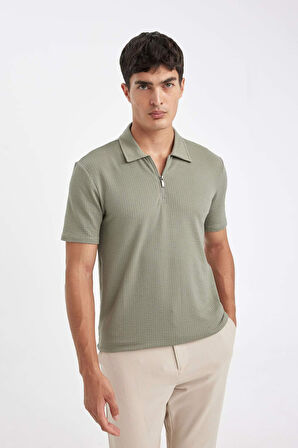 DeFacto Slim Fit Dar Kesim Polo Yaka Yarım Fermuarlı Krinkıl Kısa Kollu Tişört D6478AX24HSKH499