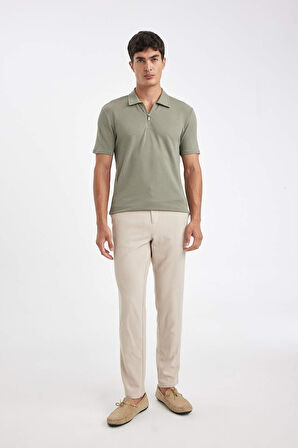DeFacto Slim Fit Dar Kesim Polo Yaka Yarım Fermuarlı Krinkıl Kısa Kollu Tişört D6478AX24HSKH499