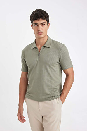 DeFacto Slim Fit Dar Kesim Polo Yaka Yarım Fermuarlı Krinkıl Kısa Kollu Tişört D6478AX24HSKH499
