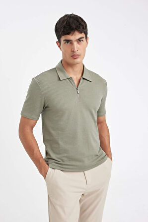 DeFacto Slim Fit Dar Kesim Polo Yaka Yarım Fermuarlı Krinkıl Kısa Kollu Tişört D6478AX24HSKH499