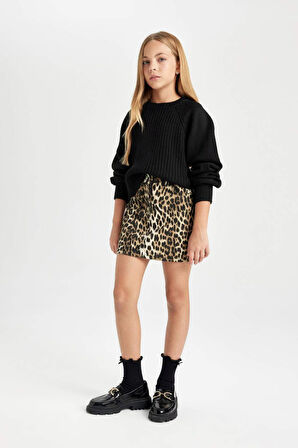 DeFacto Kız Çocuk Leopar Desenli Cepli Gabardin Etek D5241A824WNBG322