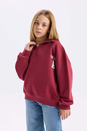 DeFacto Kız Çocuk Oversize Geniş Kalıp Fermuarlı Dik Yaka Baskılı İçi Yumuşak Tüylü Kalın Sweatshirt D3357A824AUBR285