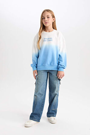 DeFacto Kız Çocuk Oversize Geniş Kalıp Bisiklet Yaka Degrade Baskılı Sweatshirt D2887A824WNBE756